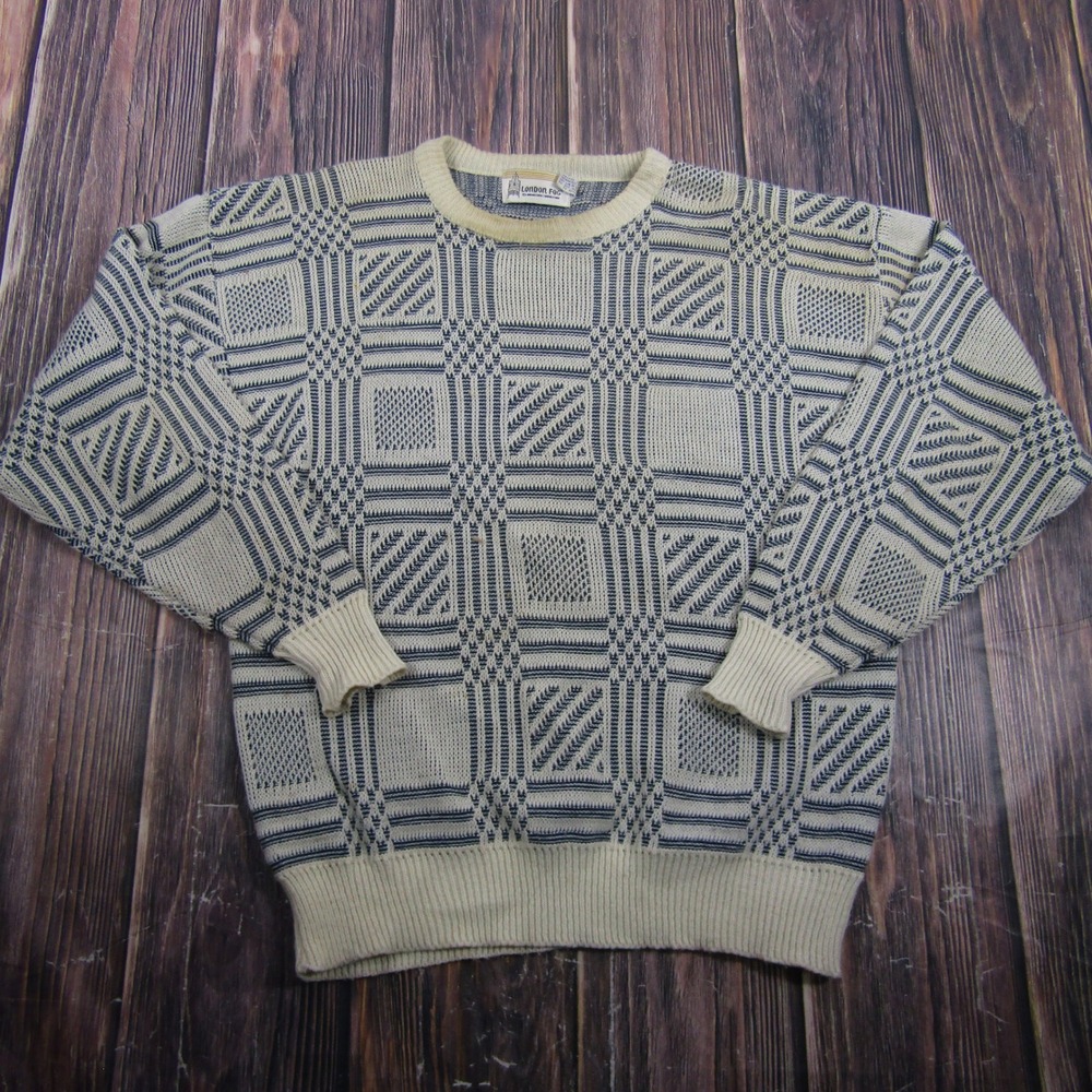London Fog Sweater Women XL Cream Blue Geometric Knit Vintage 90s Pullover